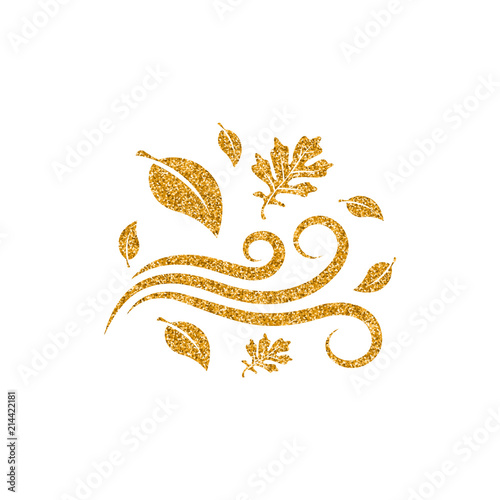 Autumn leaves icon in gold glitter texture. Sparkle luxury style vector illustration.