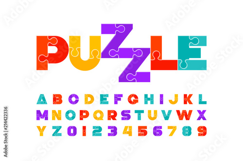 Puzzle font, colorful jigsaw puzzle alphabet letters and numbers