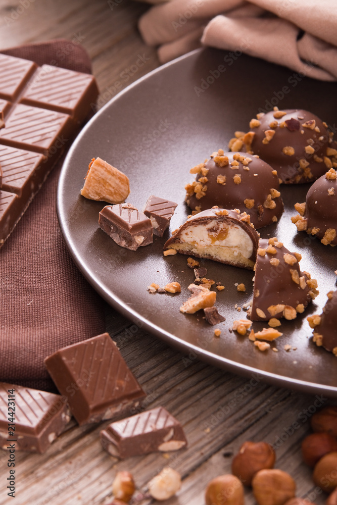 Chocolate truffles with caramel cream filling. Chocolate truffles with caramel cream filling.