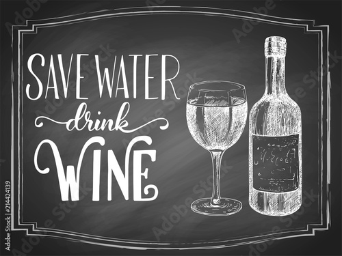 Save water drink beer hand lettering with beer vintage etching drawn sketch on black chalkboard background. Vector illustration.