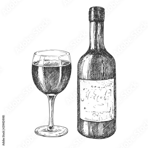 Wine vintage hand drawn etching sketch isolated on white background, bottle with a glass. Vector illustration.