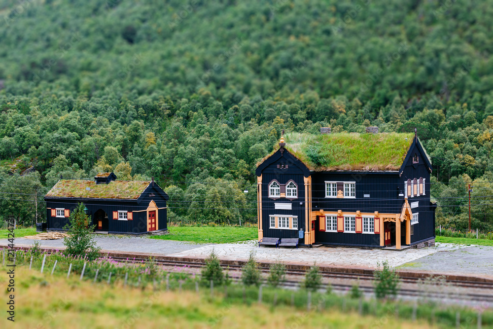 Isolated Railway Station somewhere in Norway, with miniature-like aspect