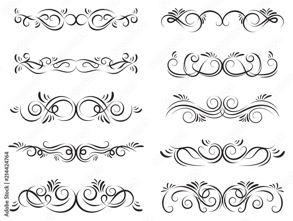 Calligraphic design elements. Dividers, borders and swirls. Set of curls and scrolls for wall decoration, books, cards and tattoos. Swirls Vector Illustration.