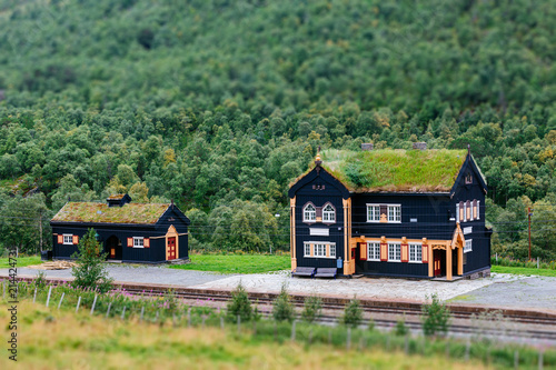 Obraz na płótnie Isolated Railway Station somewhere in Norway, with miniature-like aspect w salonie