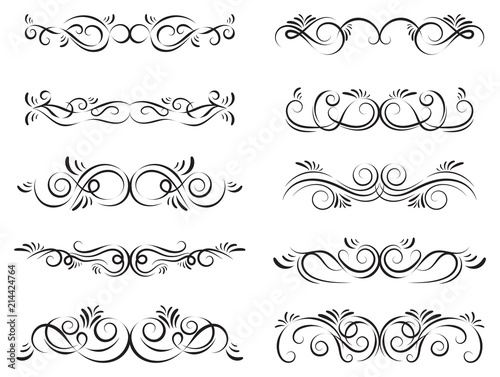 Calligraphic design elements. Dividers, borders and swirls. Set of curls and scrolls for wall decoration, books, cards and tattoos. Swirls Vector Illustration.