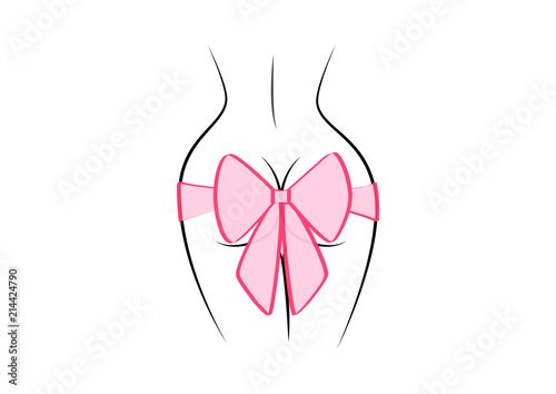 contour of the female back and pink gift bow isolated on the black background, square vector illustration