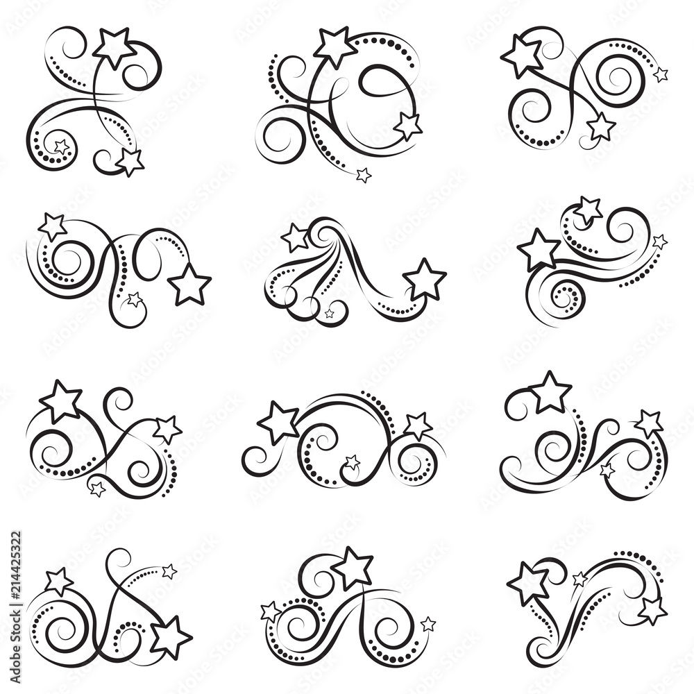 Curls and scrolls set with stars. Decorative elements for frames, tattoos, books and more. Elegant swirl vector illustration.  - obrazy, fototapety, plakaty 