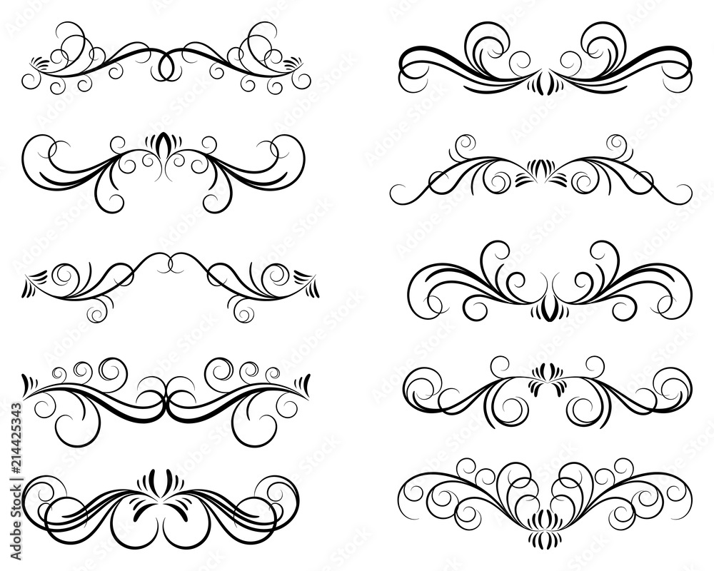 Calligraphic design elements. Dividers and borders. Set of curls and scrolls for wall decoration, books, cards and tattoos. Swirls Vector Illustration. Calligraphic design elements. Dividers and borders. Set of curls and scrolls for wall decoration, books, cards and tattoos. Swirls Vector Illustration.