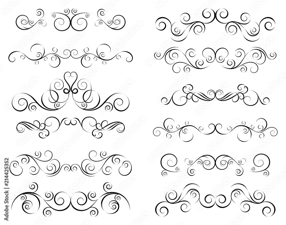 Set of curls and scrolls. Decorative divider elements for frames and books. Elegant swirl vector illustration. 