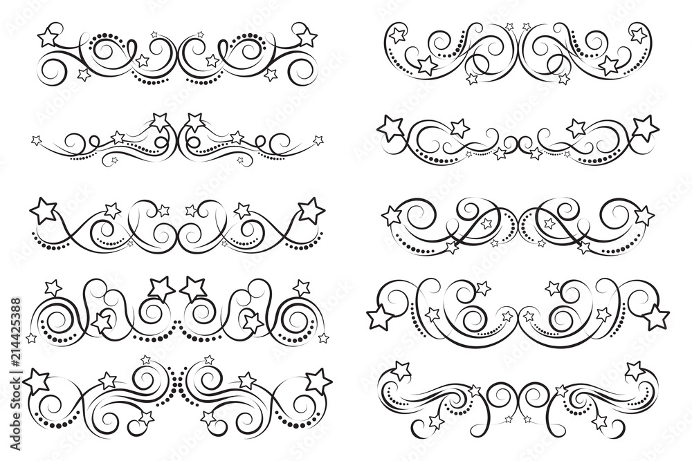 Set of curls and scrolls with stars. Fun decorative elements for frames. Elegant swirl vector illustration. 