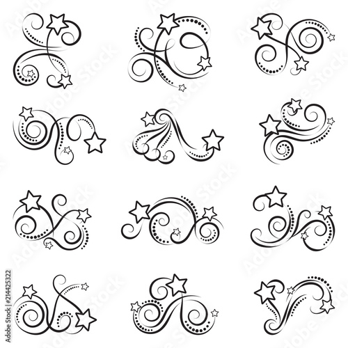 Curls and scrolls set with stars. Decorative elements for frames, tattoos, books and more. Elegant swirl vector illustration. 