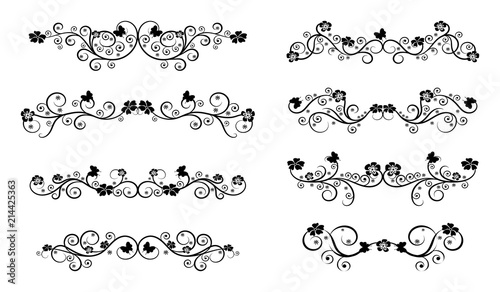Floral vintage swirl set. Abstract black and white ornate curls and scrolls. Vector illustration with flowers and butterflies. 