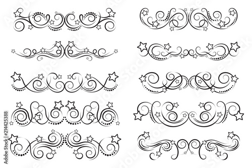 Set of curls and scrolls with stars. Fun decorative elements for frames. Elegant swirl vector illustration. 