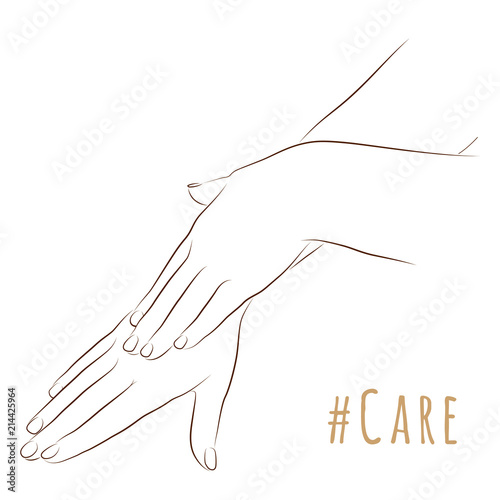 Sketch of elegant female hands, skin care theme, manicure or procedures. Silhouette palms together for illustration beauty and health. Vector
