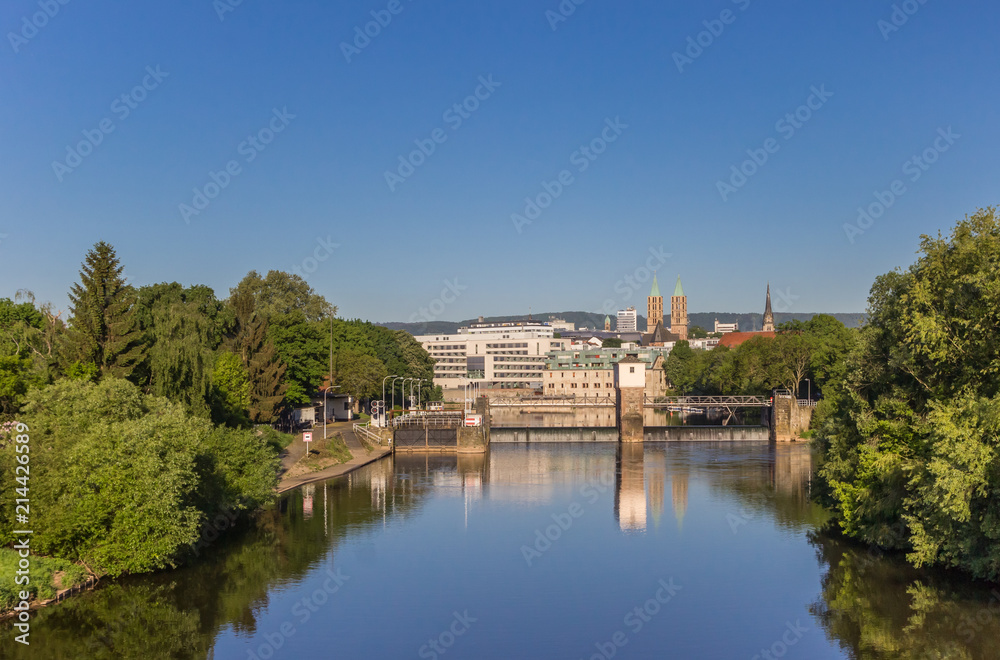 River Fulda and cityscape of Kassel, Germany