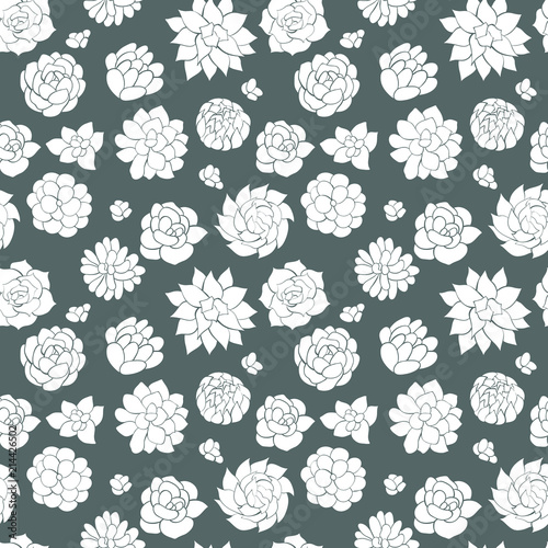 Monochrome succulent seamless pattern on dark background