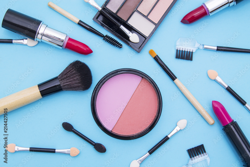 top view of makeup cosmetics set top view of makeup cosmetics set