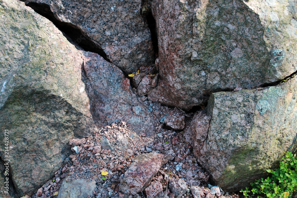 A large chopped granite lies in the forest. Russia, the Leningrad Region. A large chopped granite lies in the forest. Russia, the Leningrad Region.