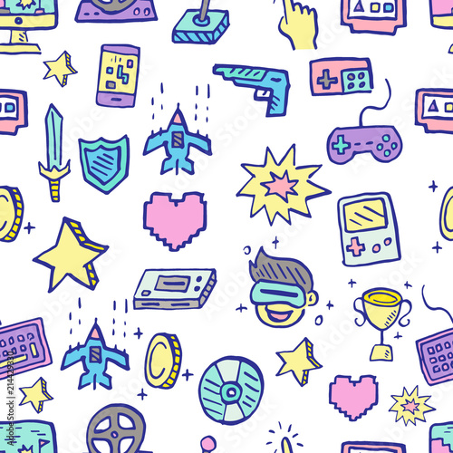 video game doodle seamless pattern