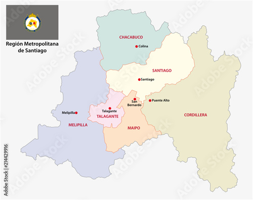 Santiago Metropolitan Region administrative and political vector map with flag