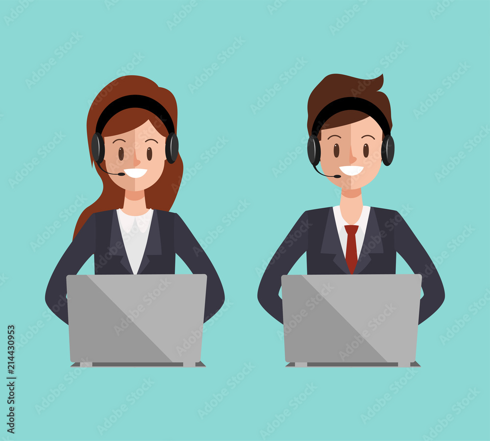 call center character with headset phone to communication online service. call center character with headset phone to communication online service.
