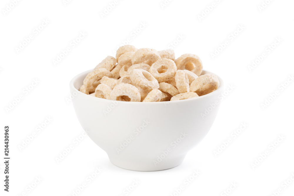 Corn rings for breakfast in a bowl isolated on white background Corn rings for breakfast in a bowl isolated on white background