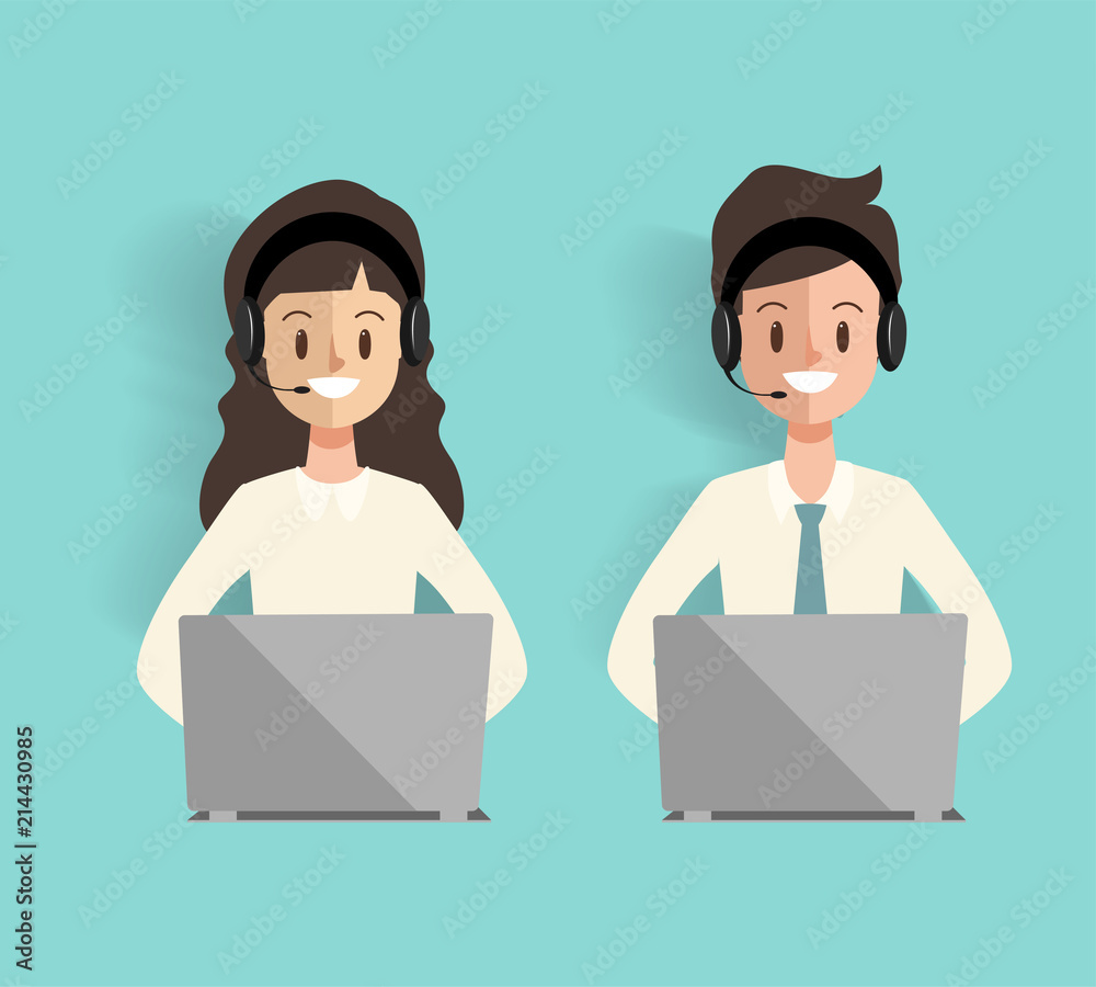 call center character with headset phone to communication online service. call center character with headset phone to communication online service.