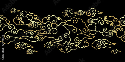 Seamless border with Golden Chinese clouds different shapes on a black background. Template for oriental art decoration. 