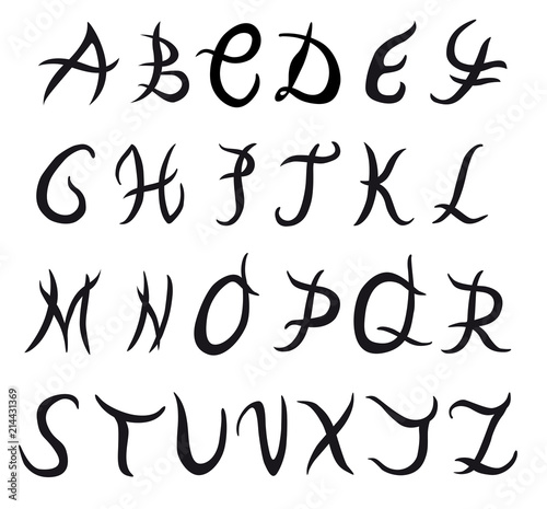 Hand drawn vector tribal style alphabet, on white background.