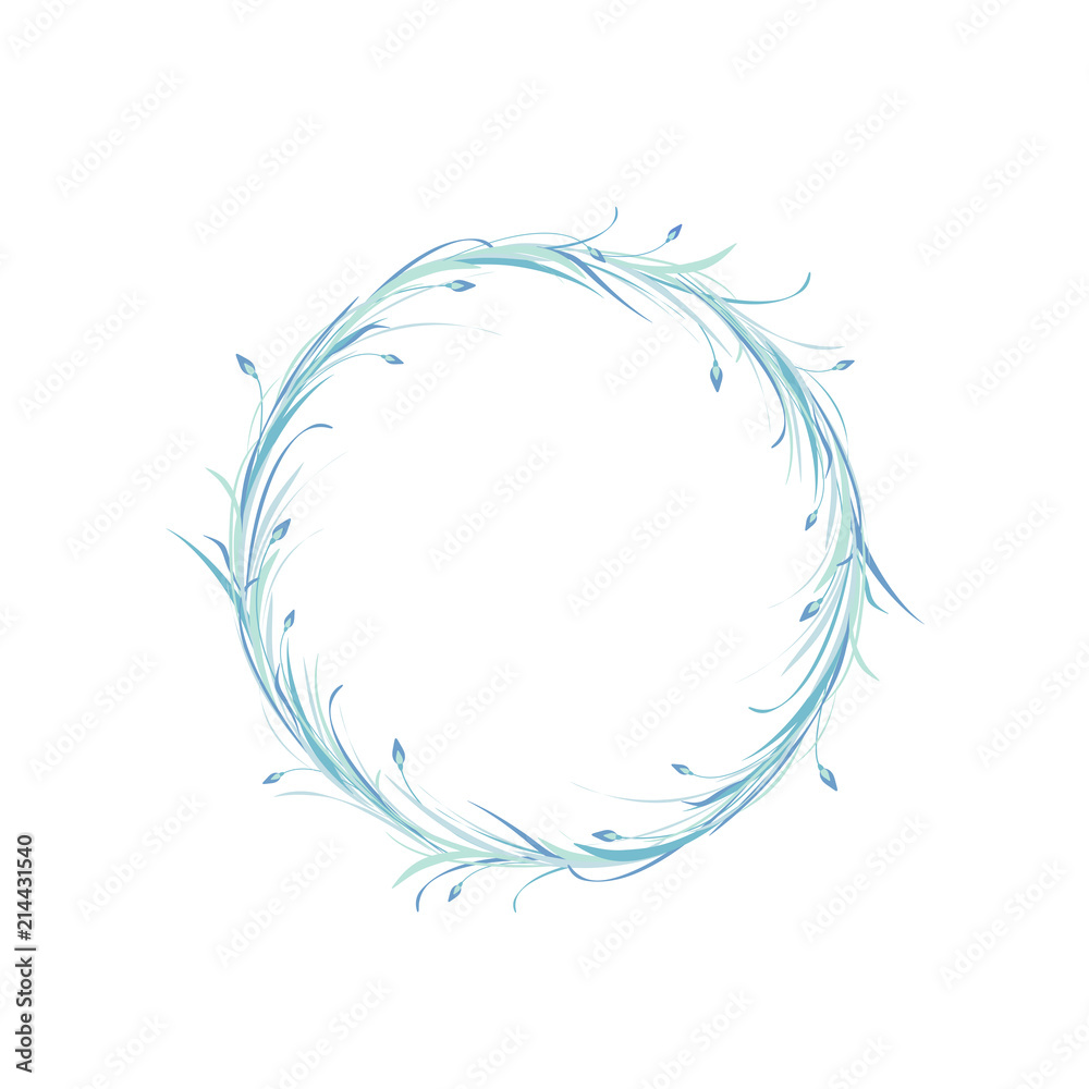 Obraz premium blue round wreath from grass, twigs and lilac flowers isolated on white background.