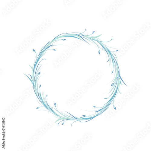 blue round wreath from grass, twigs and lilac flowers isolated on white background.