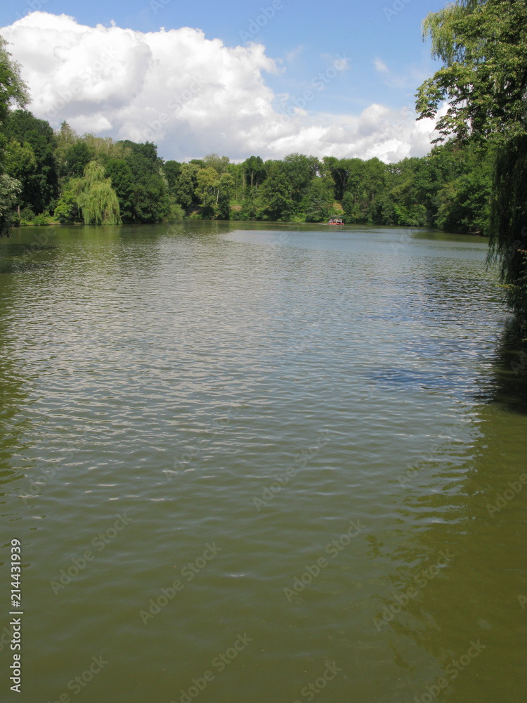 Muddy greenish waters of a large pond with shores with growing lush trees with green foliage with large clouds in the blue sky.