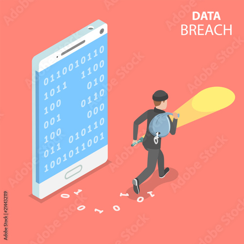 Flat isometric vector concept of data breach, confidential data stealing, cyber attack.