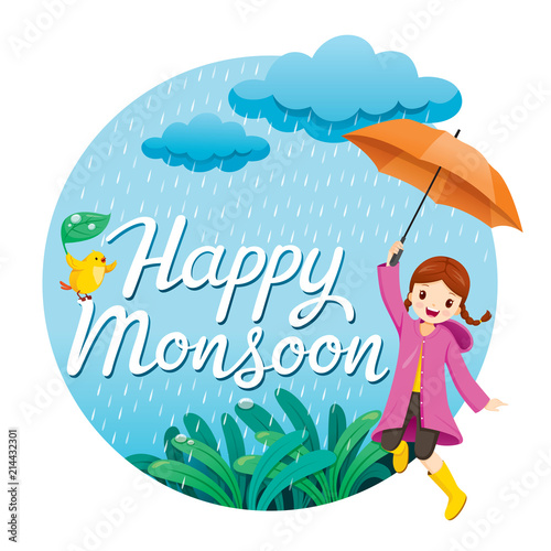 Girl With Umbrella And Raincoat Jumping In The Rain Playfully On Circle Frame