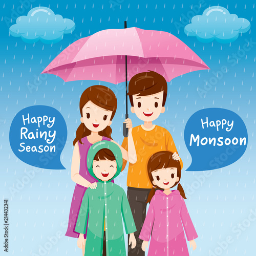 Parent And Children Under Umbrella Together In The Rain, Children Wearing Raincoat