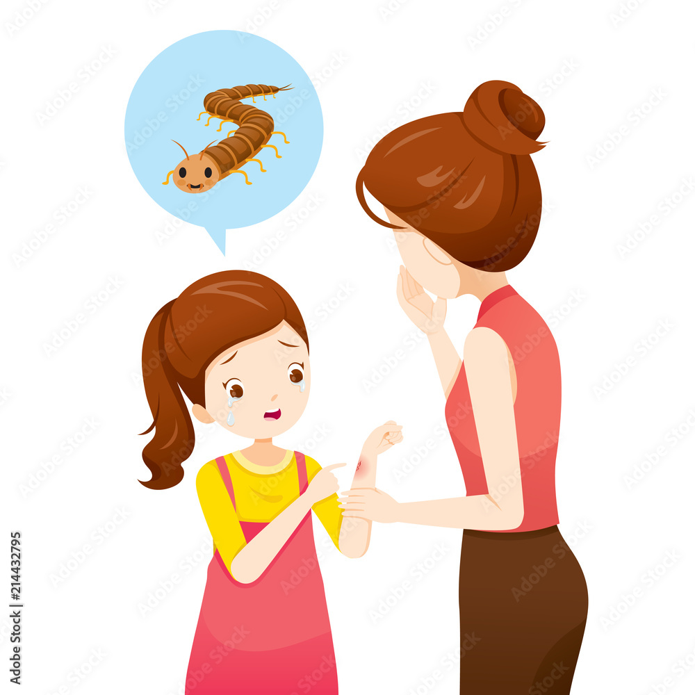 Mother Frightened, Girl Crying, Centipede Sting On Her Hand Mother Frightened, Girl Crying, Centipede Sting On Her Hand