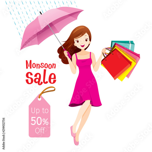 Monsoon Sale, Woman Under Umbrella Jumping With Many Shopping Bags