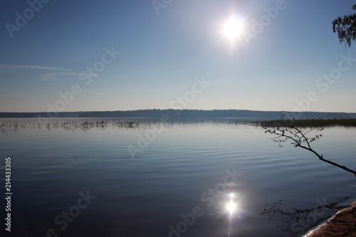 Lake Vysokinskoye in the summer  with the reflection of white clouds in the water. early quiet morning. smooth surface of water. Leningrad Region  Russia.