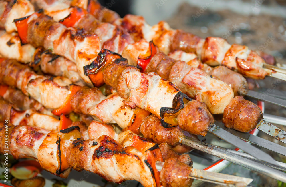Meat on sticks grilled outdoors