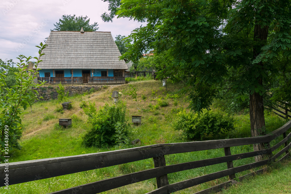A rustic courtyard fenced with a fence of wooden planks with standing in it evidence for the bees on the green grass among the rare bushes. A rustic courtyard fenced with a fence of wooden planks with standing in it evidence for the bees on the green grass among the rare bushes.