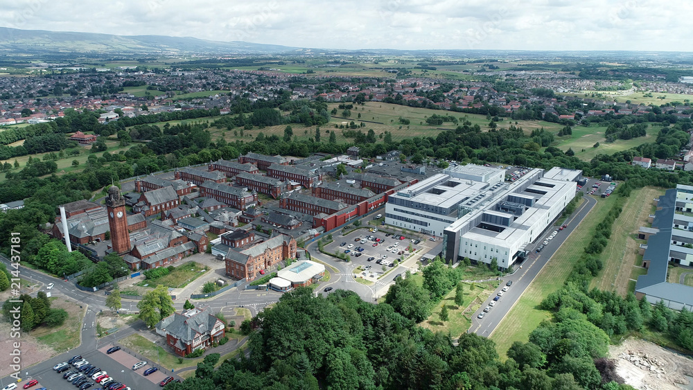 Aerial image of Stobhill Hospital in Glasgow, Scotland.