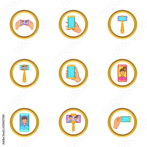 Selfie stick icons set. Cartoon set of 9 selfie stick vector icons for web isolated on white background