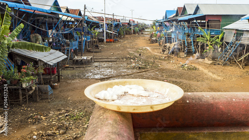 People in Poor Floating village Chong Knies in Cambodia, Tonle Sap (Great lake). Dogs photo