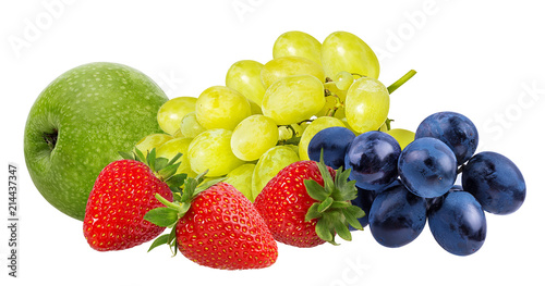 Strawberry apple and grapes isolated on white background