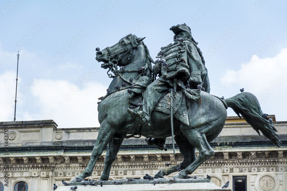 Equestrian Statue of King Vittorio Emanuel II at Piazza del Duomo in Milan,North of Italy Equestrian Statue of King Vittorio Emanuel II at Piazza del Duomo in Milan,North of Italy
