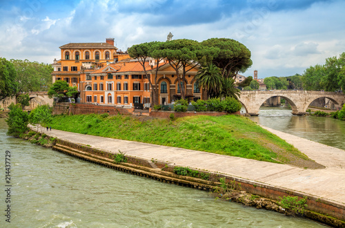 Tiber Island (Isola Tiberina) on the river Tiber in Rome, Italy.