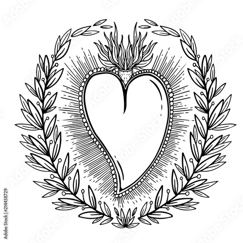 Sketch graphic illustration Beautiful heart with mystic and occult hand drawn symbols. Vector illustration. Vintage Hands with Old Fashion Tattoos.