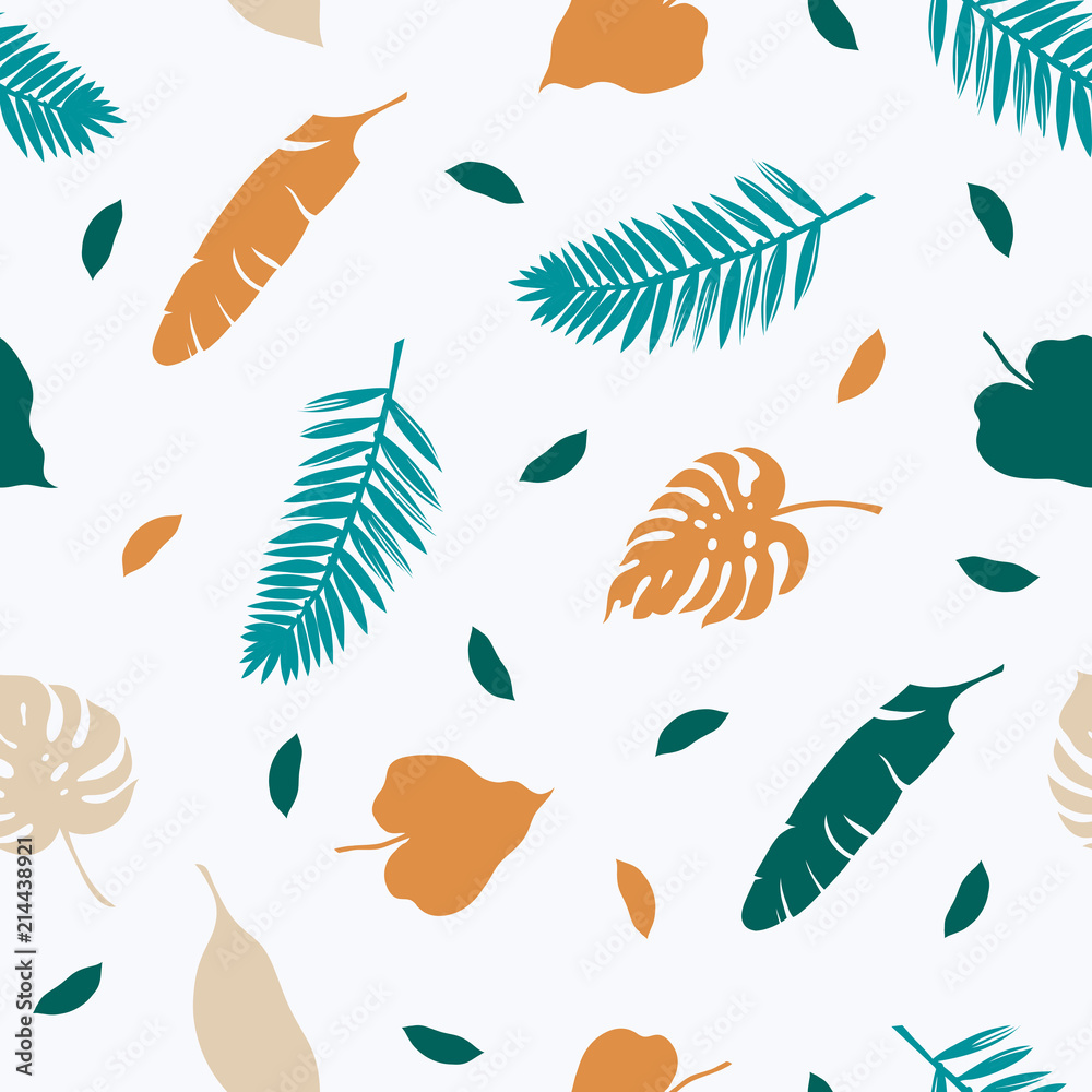 Seamless pattern with tropical leaves. Banana, palm, hibiscus, monster. Vector illustration.