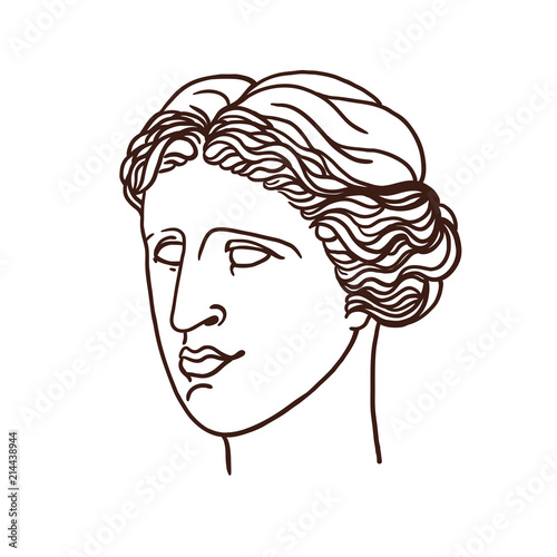 Portrait of the mythological Greek Venus. A woman in profile. Linear graphics. Vector illustration.
