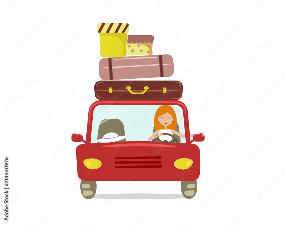 Beautiful cartoon girl is driving a red car. She is going to vacation.  There are a few suitcases and boxes on the roof of car. Vector illustration  Stock Vector | Adobe Stock